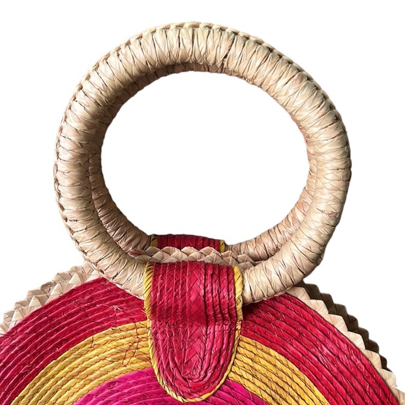 Rainbow Shaped Pink Yellow Green Straw Rattan Scalloped Handbag Clutch Tote Bag - Picture 6 of 11